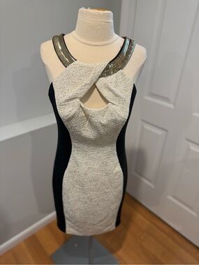 JAX Sleeveless Black and Cream Dress with Metallic Neck Detail (31)
